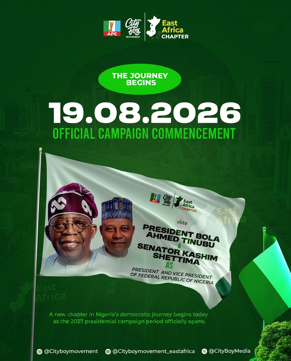 Official campaign commencement poster for the Tinubu / Shettima 2027 ticket